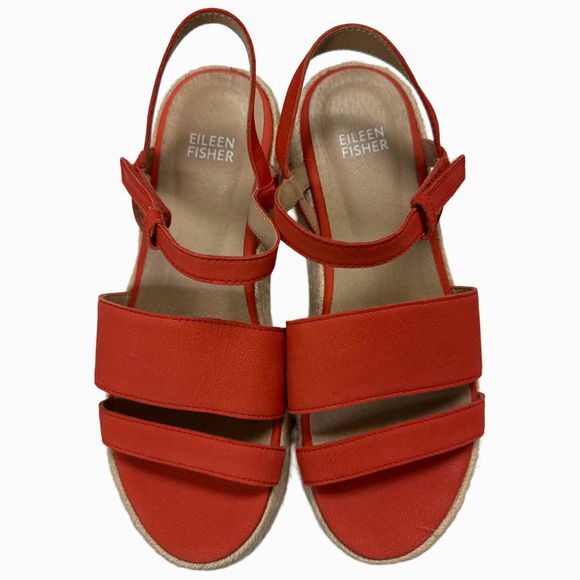 EILEEN FISHER TUMBLED LEATHER STRAPPY ESPADRILLE ORANGE PLATFORM SIZE 7