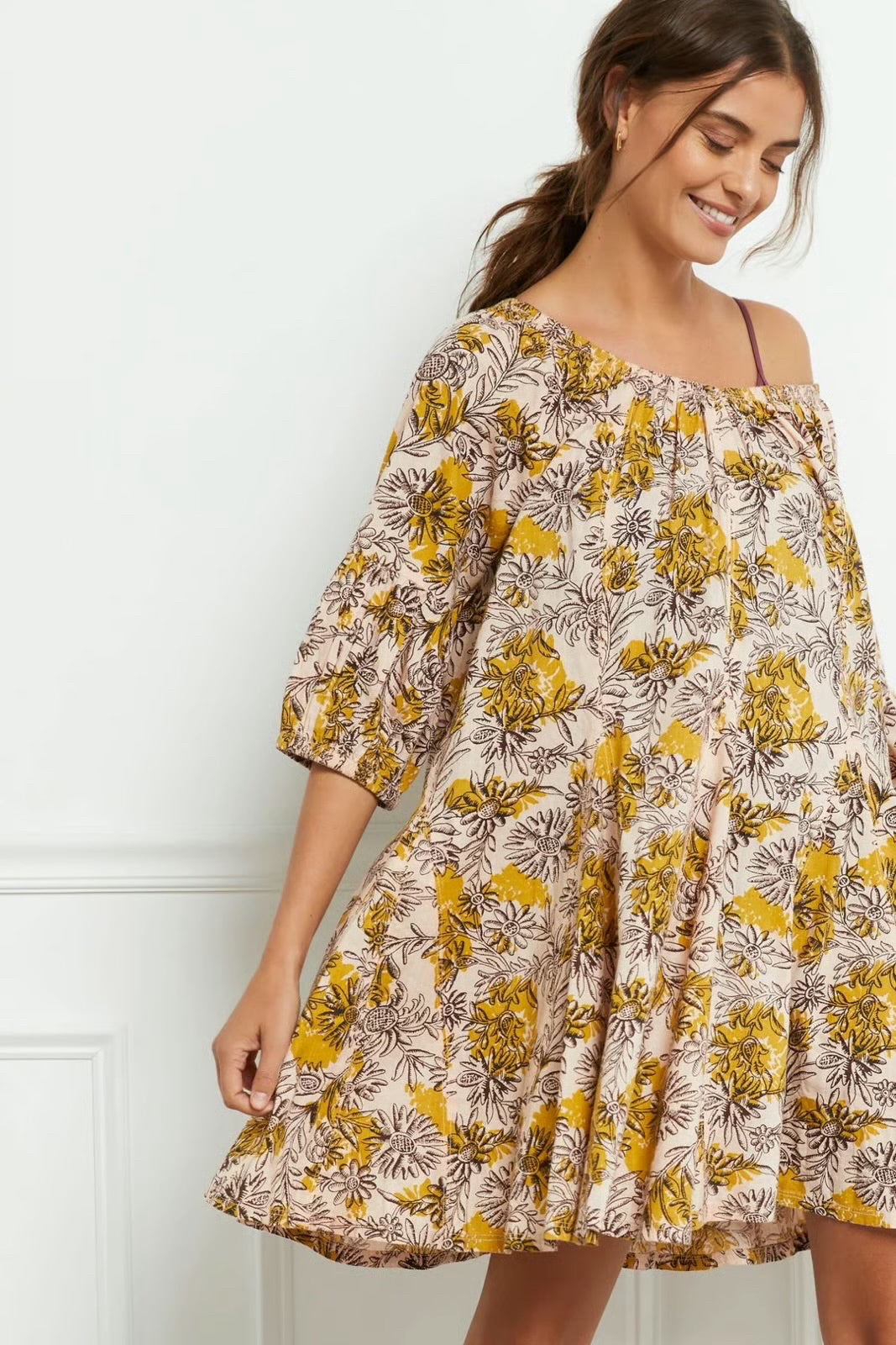 ANTHROPOLOGIE DAILY PRACTICE FLORAL MOLLIE TUNIC OFF THE SHOULDER MINI DRESS S