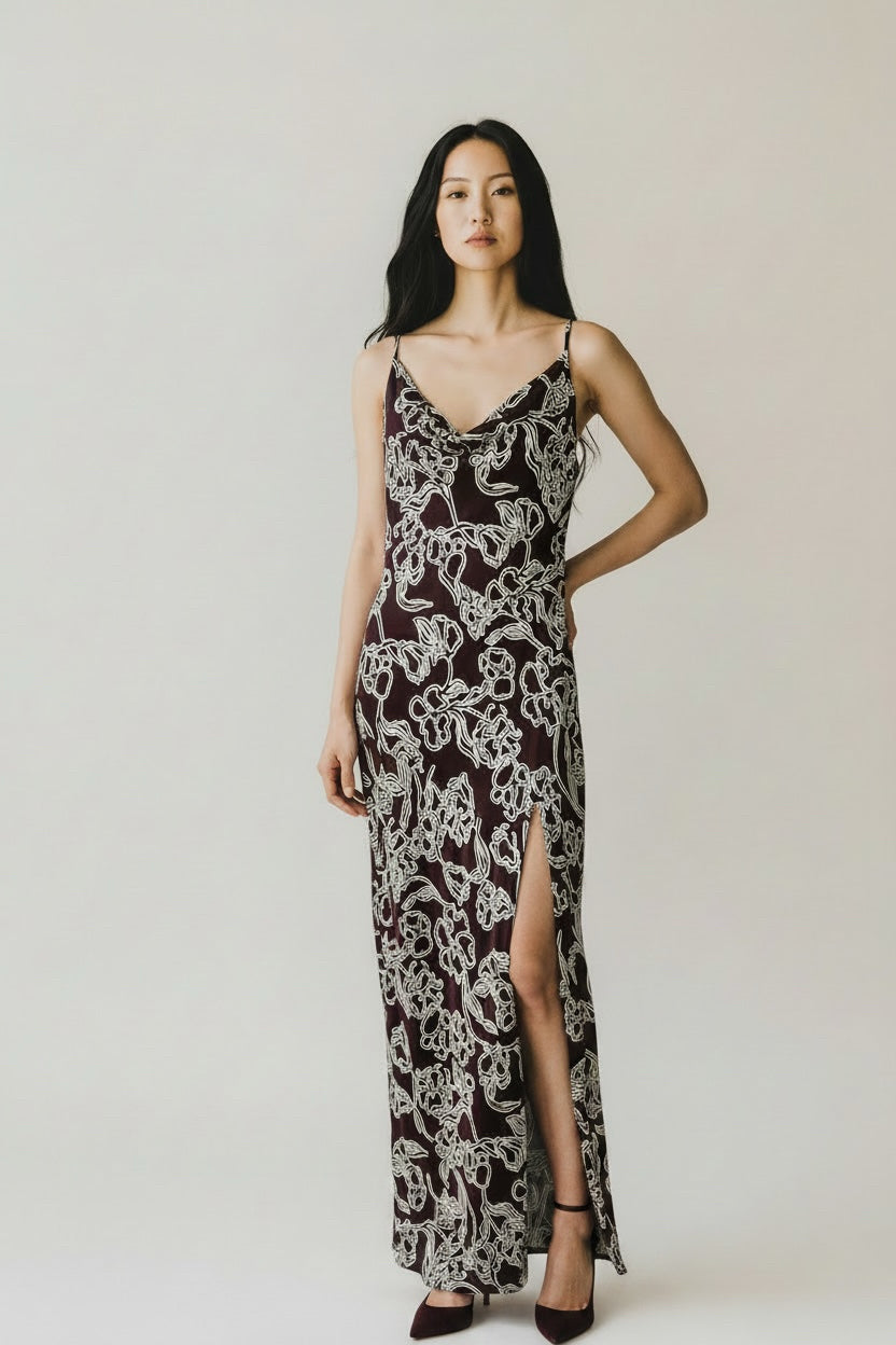 NICHOLAS BROWN PRINTED SILK ARIEL COWL NECK GOWN SIZE 8