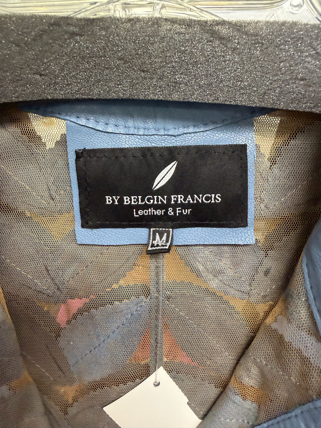 NWT BELGIN FRANCIS LEATHER CROP LEAF ZIP UP BLUE JACKET SIZE MEDIUM
