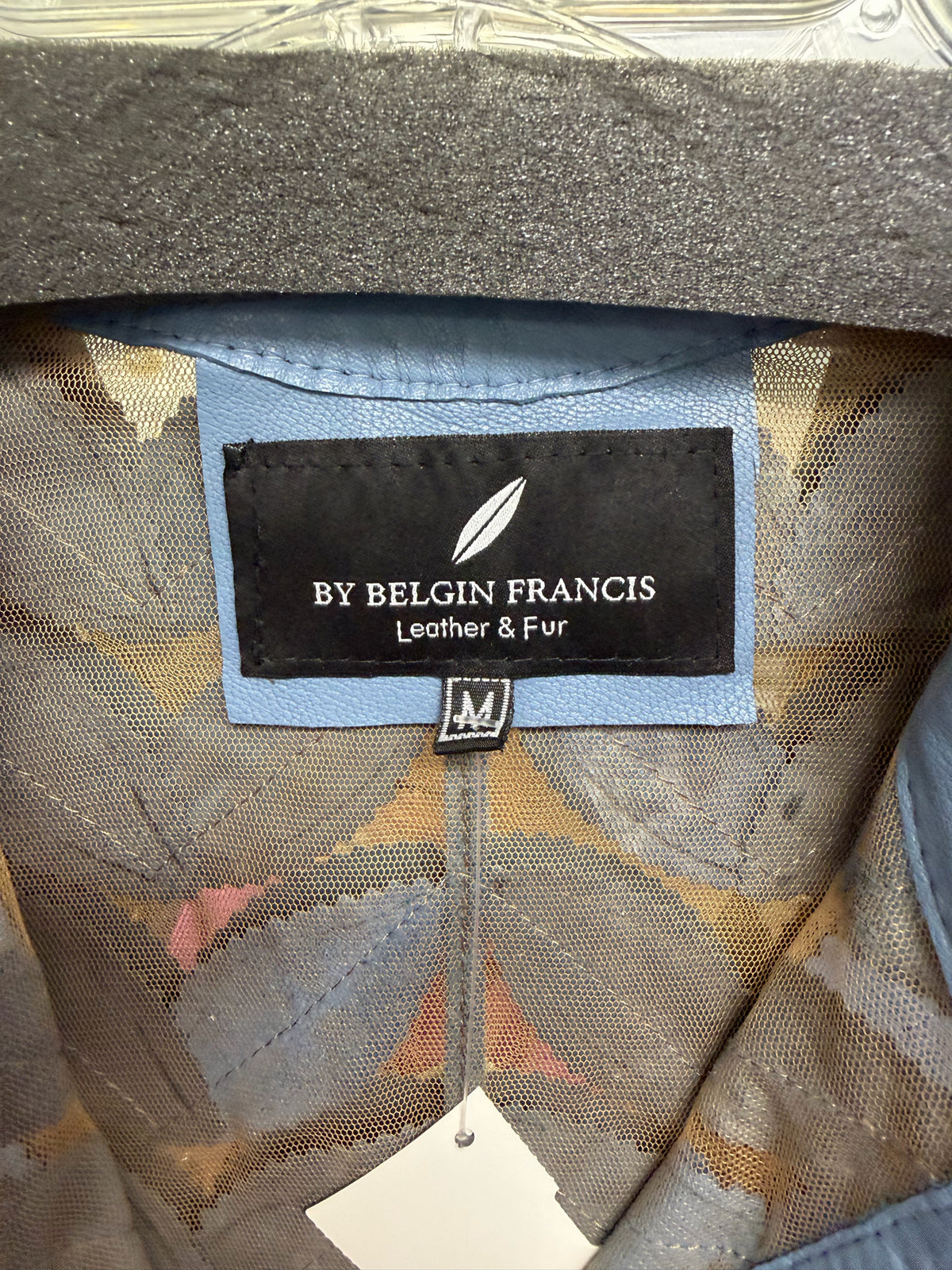 NWT BELGIN FRANCIS LEATHER CROP LEAF ZIP UP BLUE JACKET SIZE MEDIUM