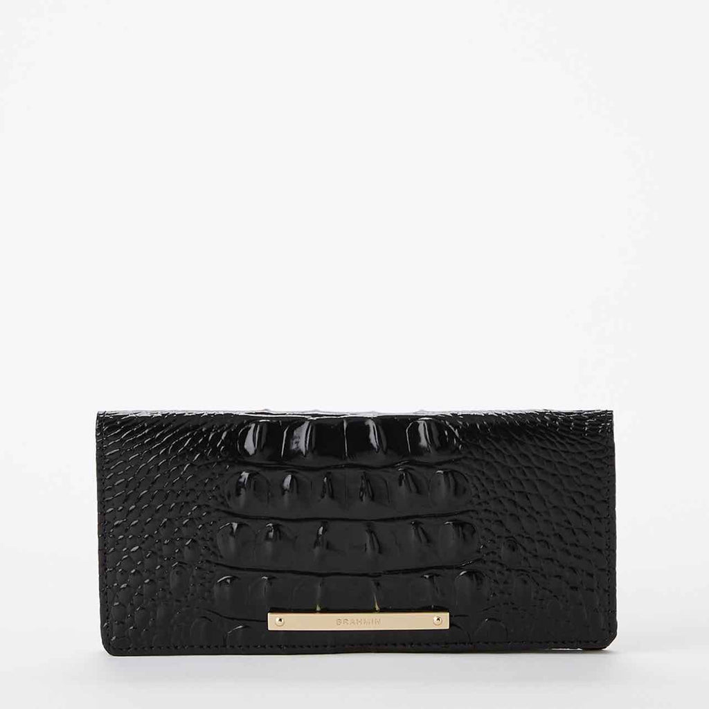 BRAHMIN CORDELIA BLACK CROC EMBOSSED FOLD OVER WALLET IN BLACK MELBOURNE