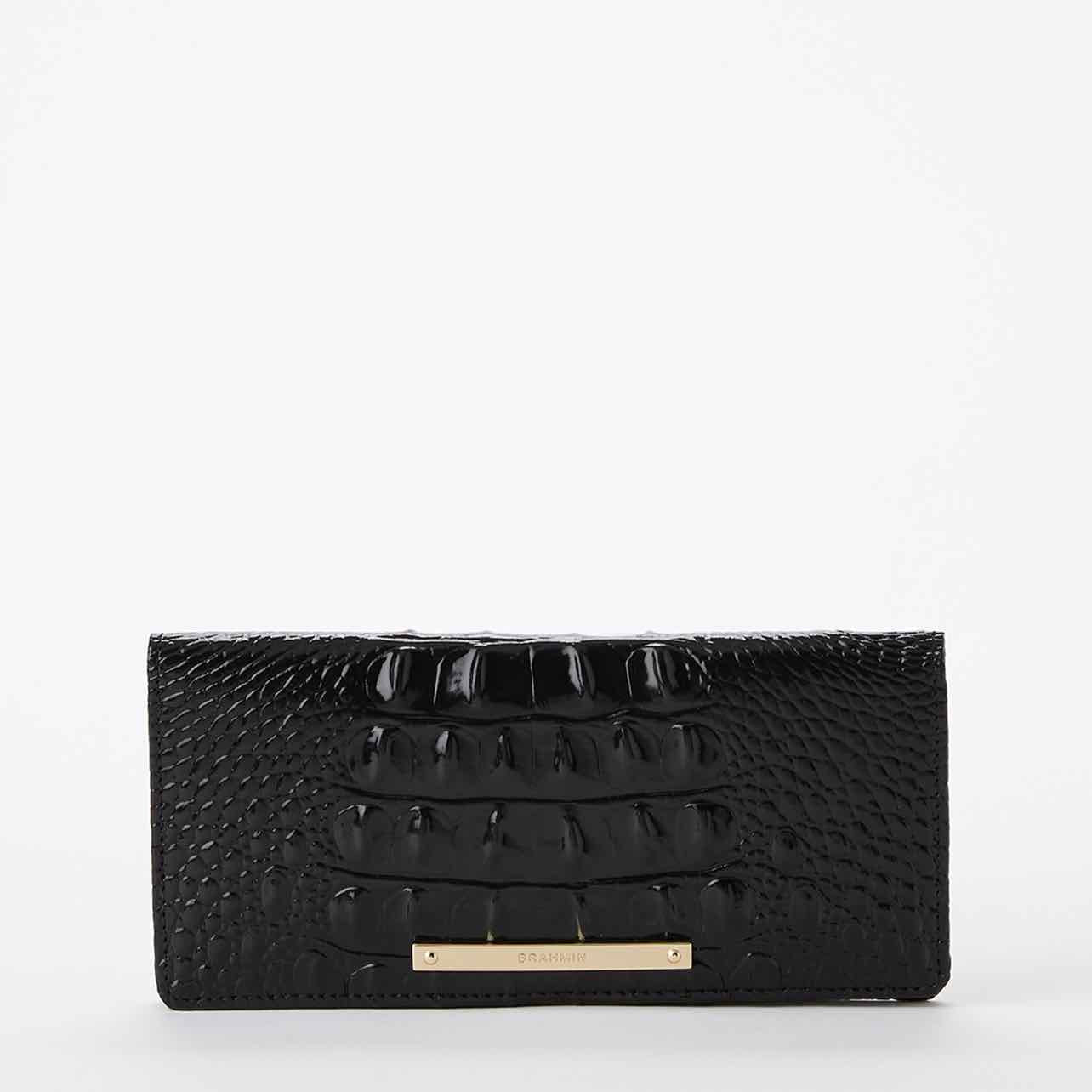 BRAHMIN CORDELIA BLACK CROC EMBOSSED FOLD OVER WALLET IN BLACK MELBOURNE