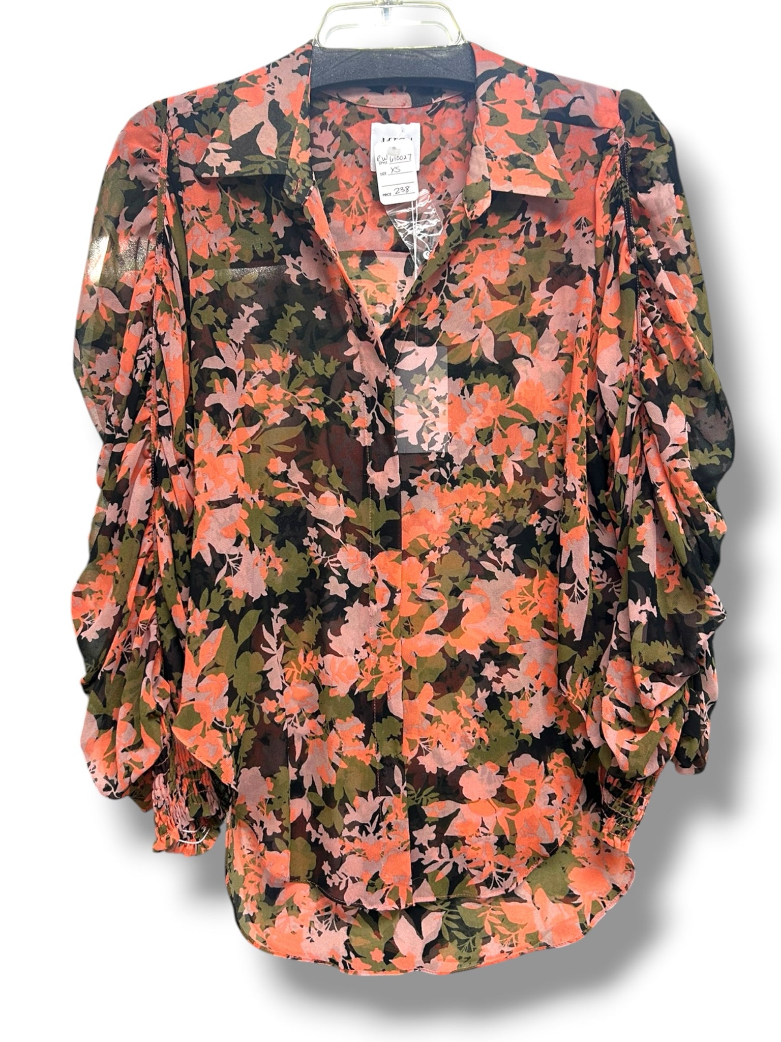 NEW WITH TAGS MISA SEMI SHEER FLORAL PINK CHIFFON RUCHED SLEEVES BLOUSE SIZE XS