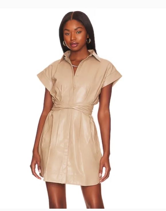 KARINA GRIMALDE VEGAN LEATHER BUTTON FRONT TAN MINI DRESS SIZE XS