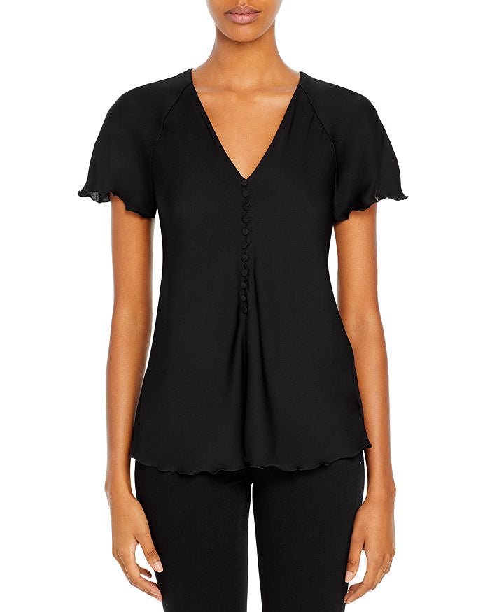 THEORY SILK BLEND BUTTON FRONT RUFFLE SLEEVE BLOUSE BLACK  SIZE MEDIUM
