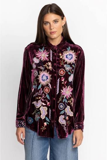 JOHNNY WAS PACIFICA VELVET OVERSIZED SILK BLEND EMBROIDERED SHIRT SIZE S
