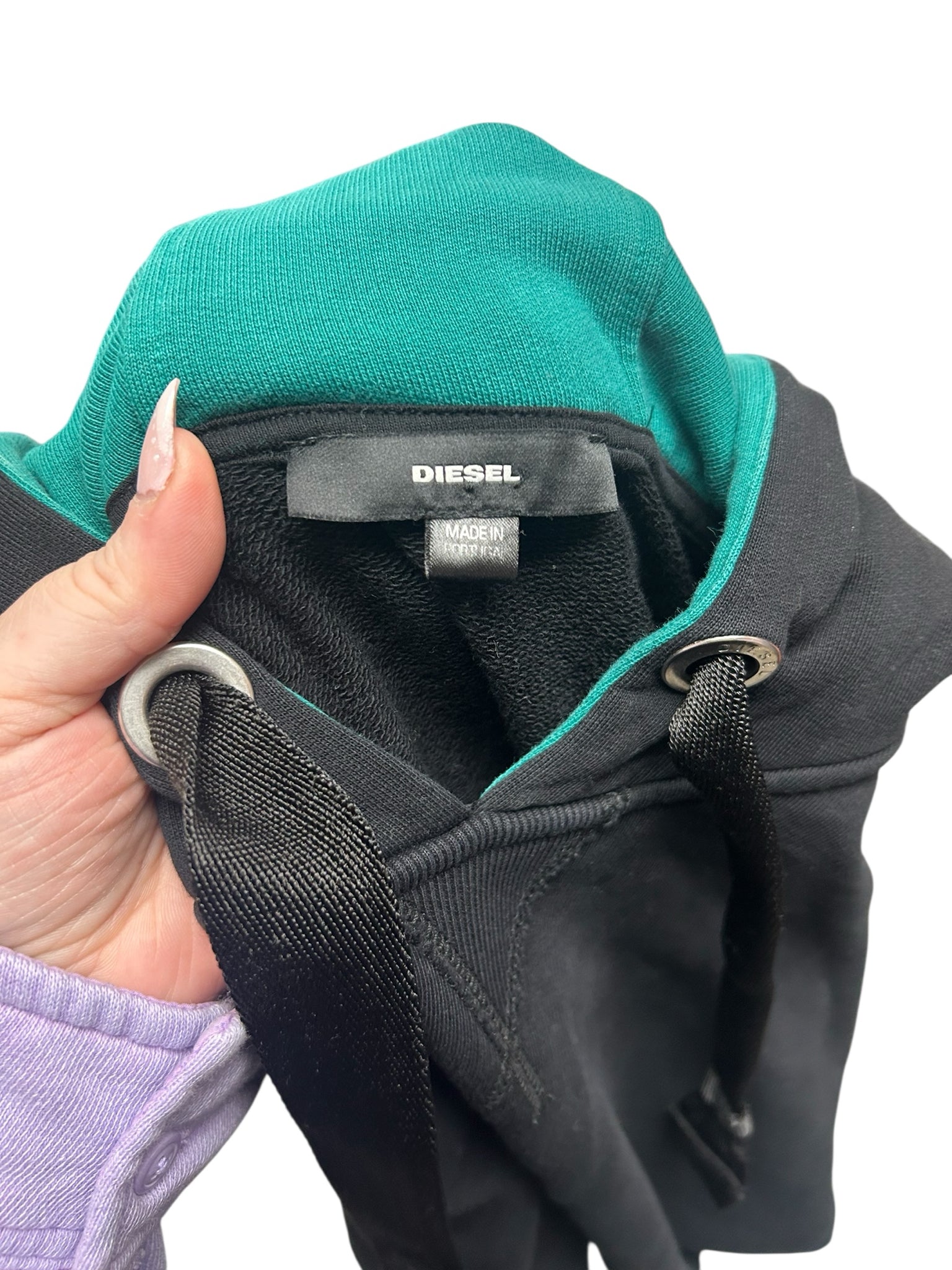 DIESEL CROP PULLOVER HOODIE LONG SLEEVE TEAL GREEN HOOD SIZE SMALL