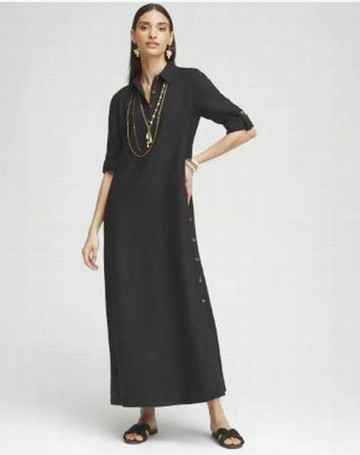 CHICOS LINEN MAXI SHIRT DRESS ROLLED SLEEVE SIZE: 16