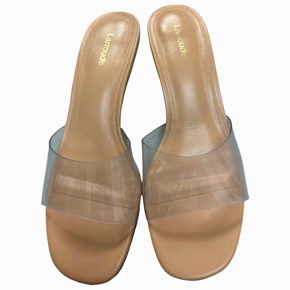 LAURROUDE VIVI LUCITE MULE IN TAN LEATHER AND VINYL SIZE 9