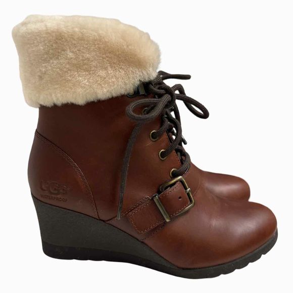 UGG JANNEY FUR TRIM WEDGE BROWN BOOT IN STOUT SIZE 6