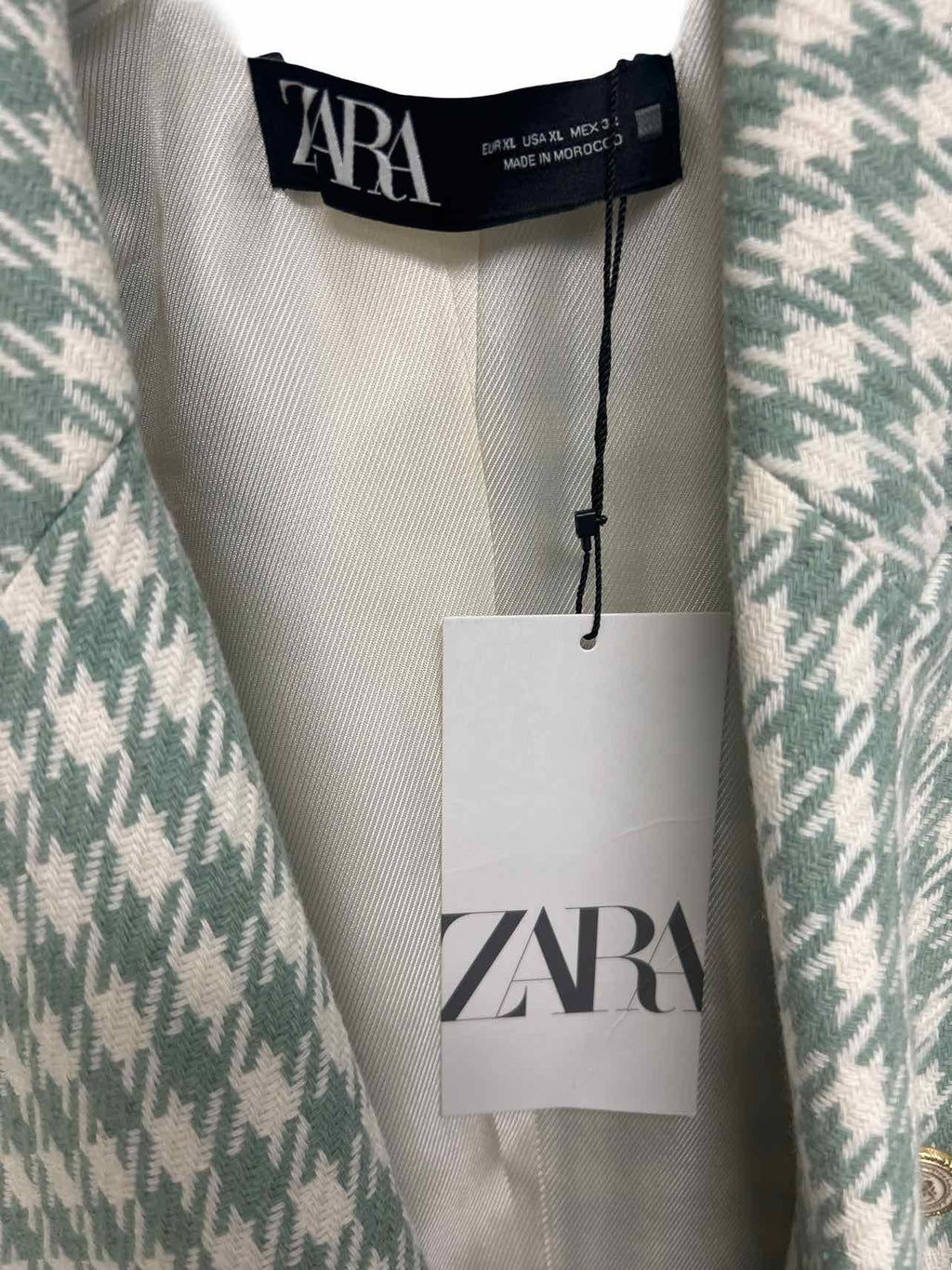 ZARA  NWT TAILORED SEA GREEN HOUNDSTOOTH DOUBLE BREASTED BLAZER SIZE: XL