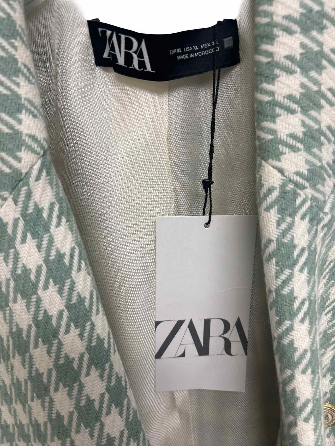 ZARA  NWT TAILORED SEA GREEN HOUNDSTOOTH DOUBLE BREASTED BLAZER SIZE: XL