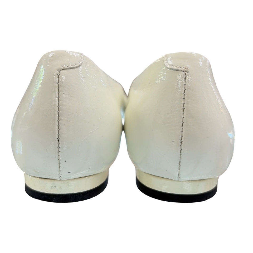 GUCCI PATENT SALANDIA PEEP TOE FLAT IN MYSTIC WHITE SIZE 38.5