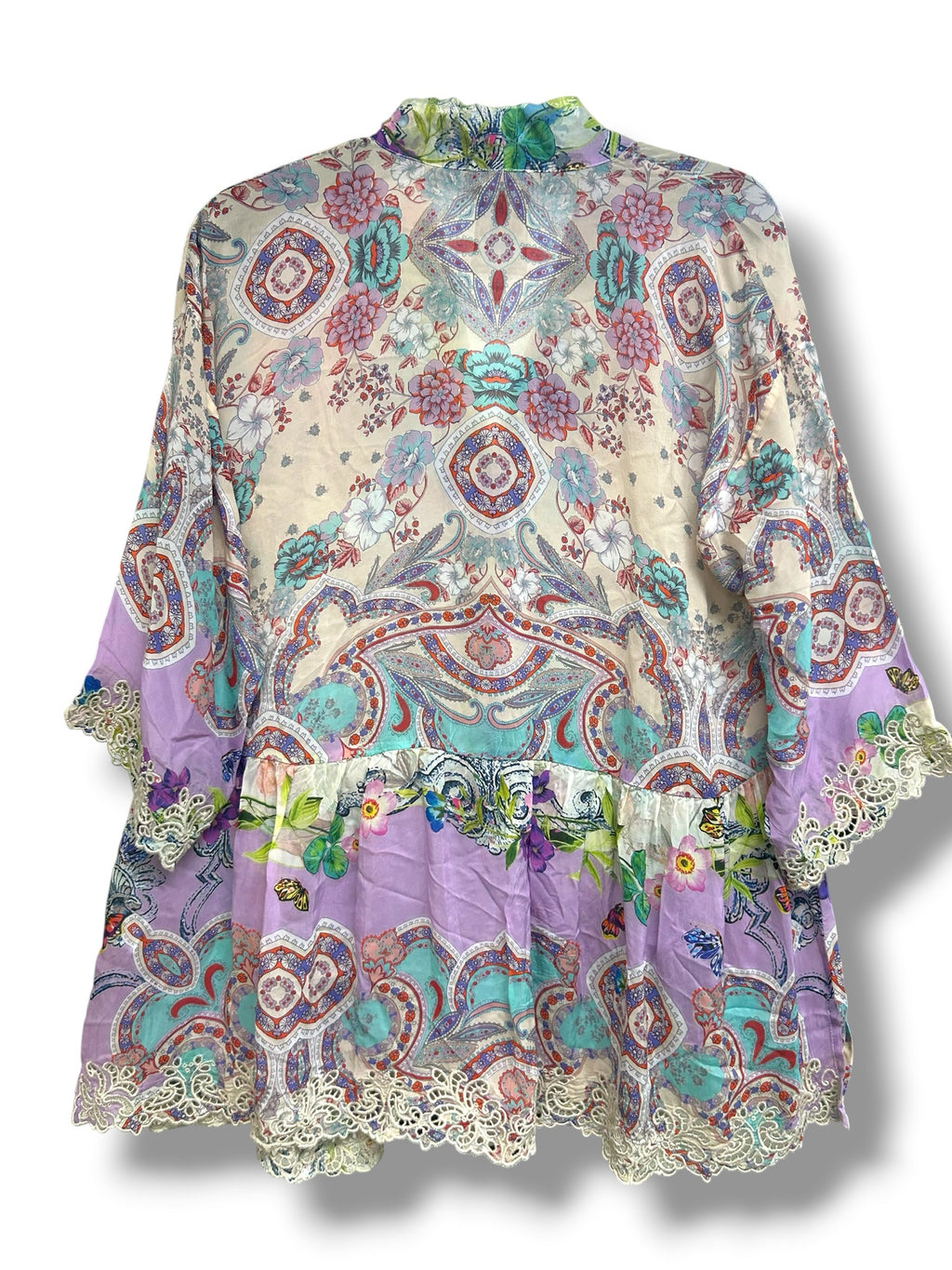 JOHNNY WAS KIMONO TUNIC GREENRIDGE FLORAL BUTTERFLY LACE TRIM SIZE SMALL