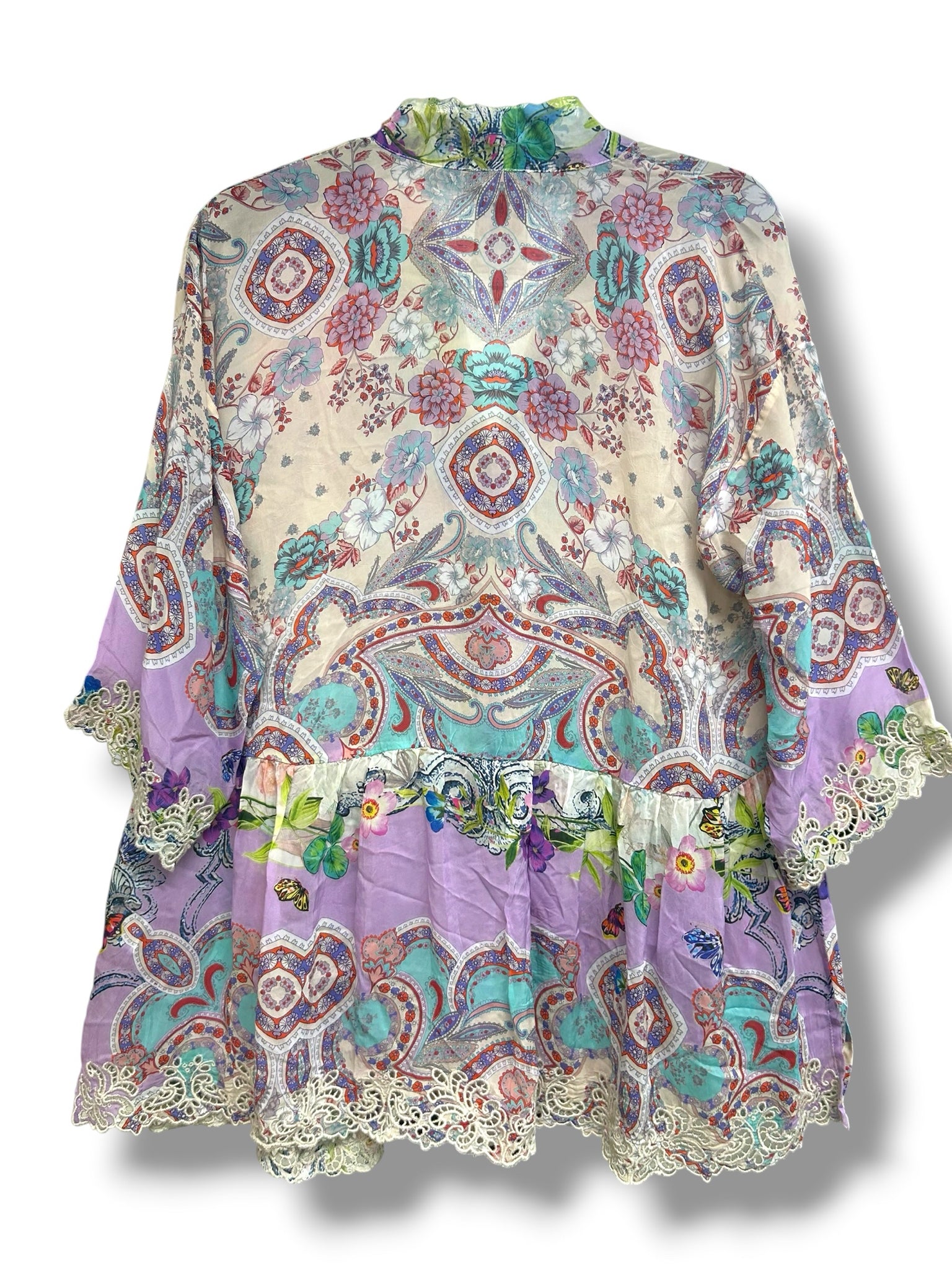 JOHNNY WAS KIMONO TUNIC GREENRIDGE FLORAL BUTTERFLY LACE TRIM SIZE SMALL