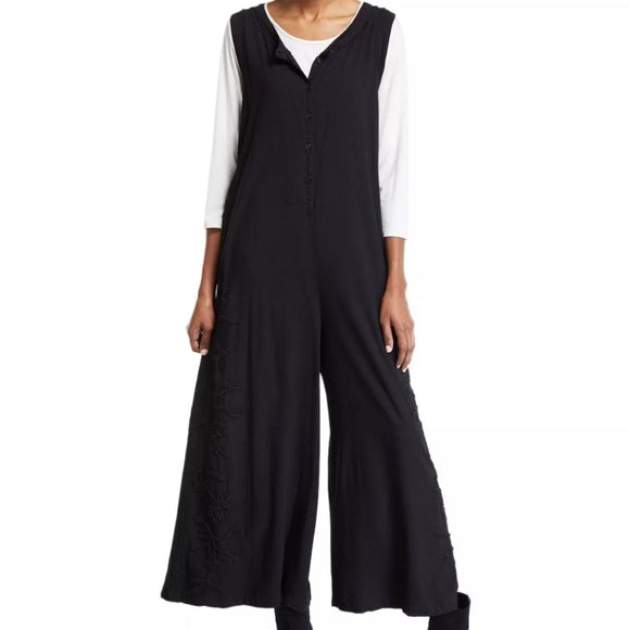 JOHNNY WAS HYTHE EMBROIDERED WIDE LEG BLACK JUMPSUIT SIZE LARGE PETITE
