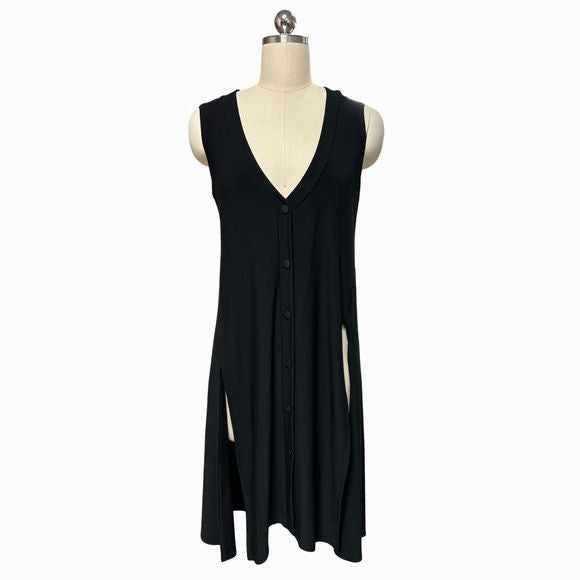 SYMPLI HIGH SLIT OVER UNDER BUTTON FRONT BLACK TUNIC TOP SIZE 4