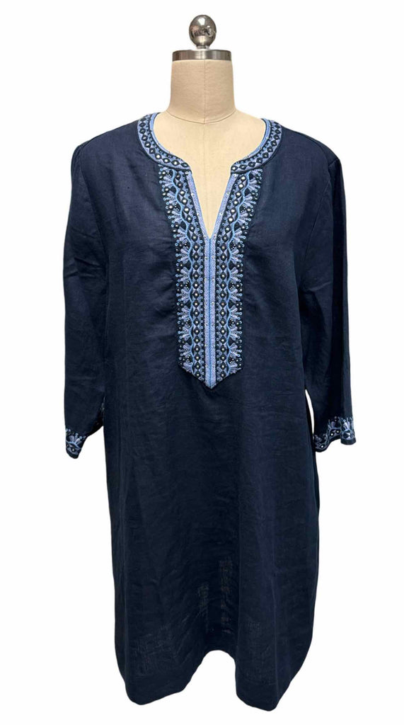 CHICOS SPLIT NECK EMBROIDERED LINEN LINED NAVY TUNIC DRESS SIZE 16