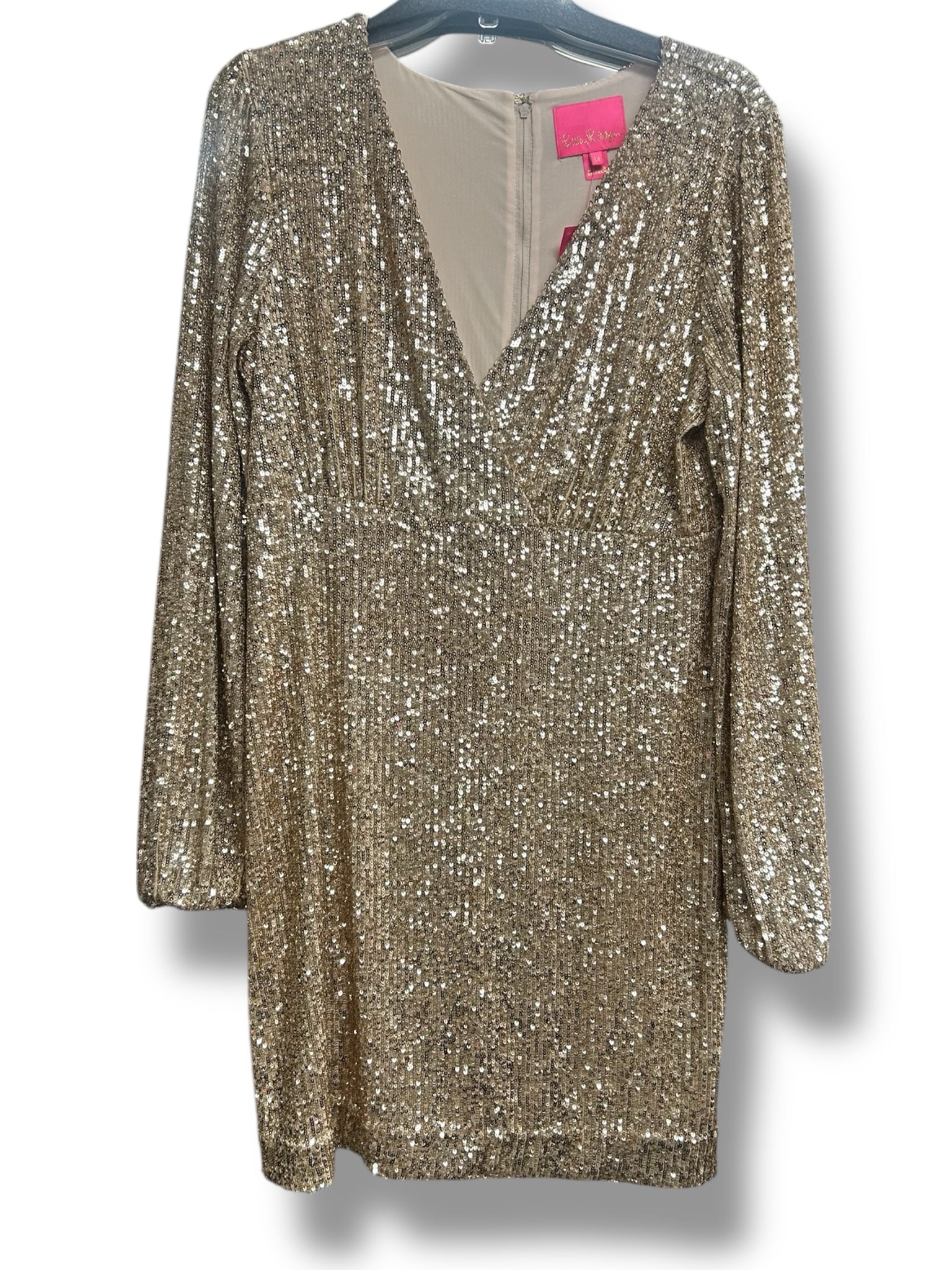 LILLY PULITZER NWT REAGAN LS GOLD SEQUIN MINI BALLOON SLEEVE DRESS SIZE 14