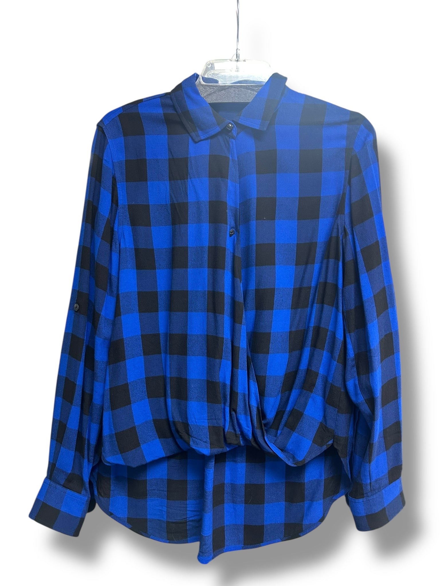 RAG & BONE CAMILLE BUFFALO CHECK FAUX WRAP BLUE BLACK BLOUSE SIZE MEDIUM