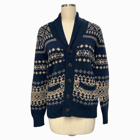 JCREW FAIR ISLE SHAWL CARDIGAN NAVY/BEIGE SWEATER SIZE S