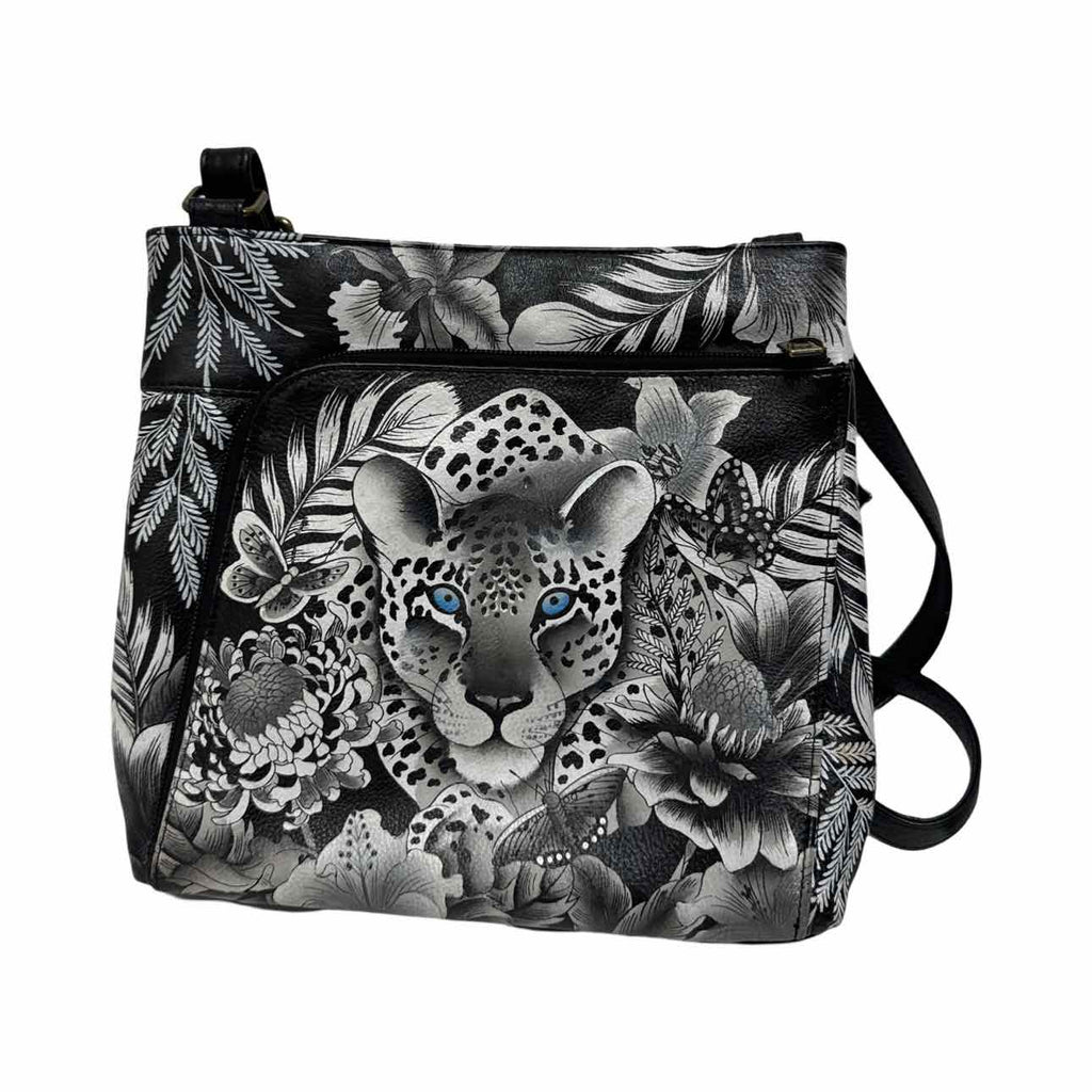 ANUSCHKA CLEOPATRA'S LEOPARD RFID ORGANIZER BLACK CROSSBODY BAG