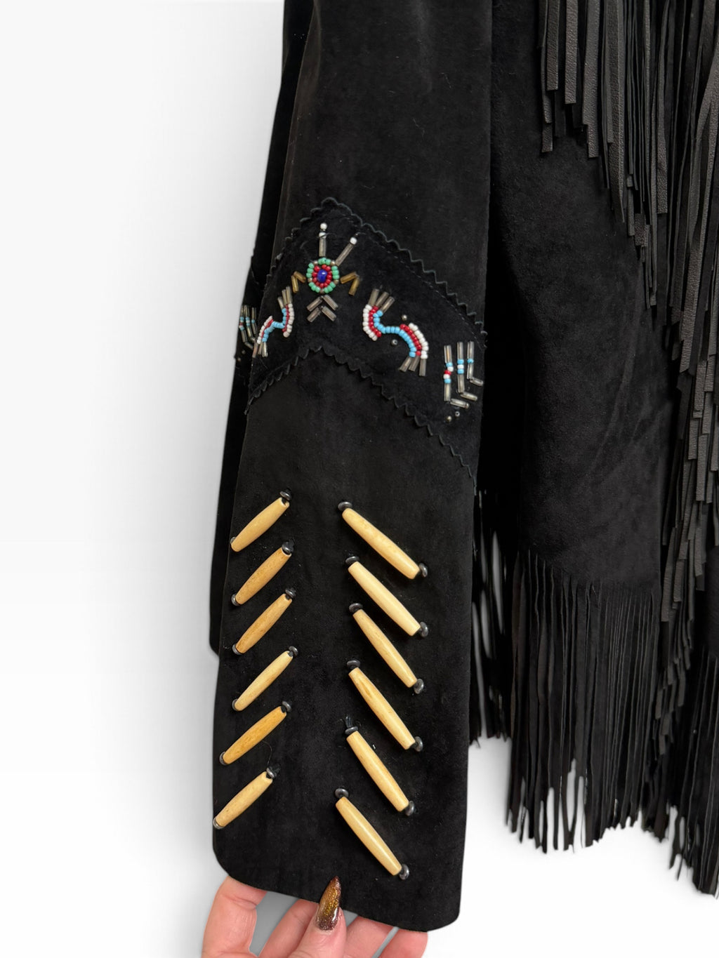 VINTAGE CACHE SUEDE LEATHER NAVAJO BEADED FRINGE BLACK JACKET SIZE 6