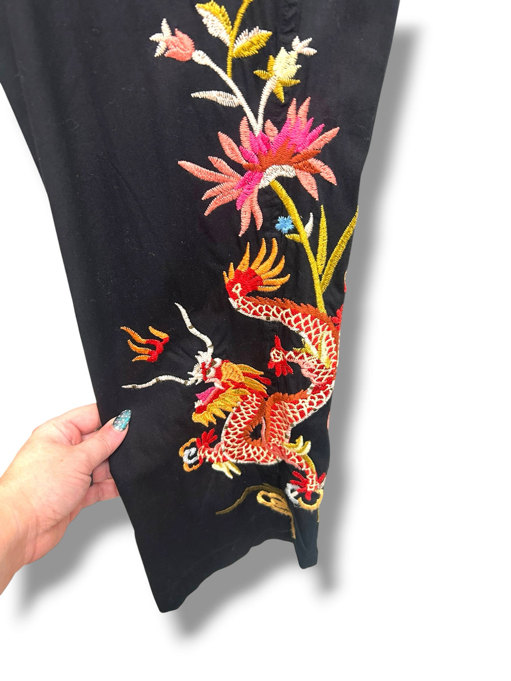 JOHNNY WAS BIYA EMBROIDERED DRAGON AND FLORAL MINA WORKER PANTS SIZE 12