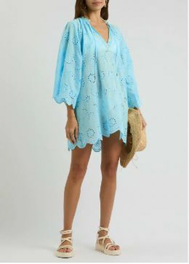 MELISSA ODABASH LUCY BRODERIE ANGLAISE COTTON KAFTAN TEAL COTTON DRESS SIZE XL