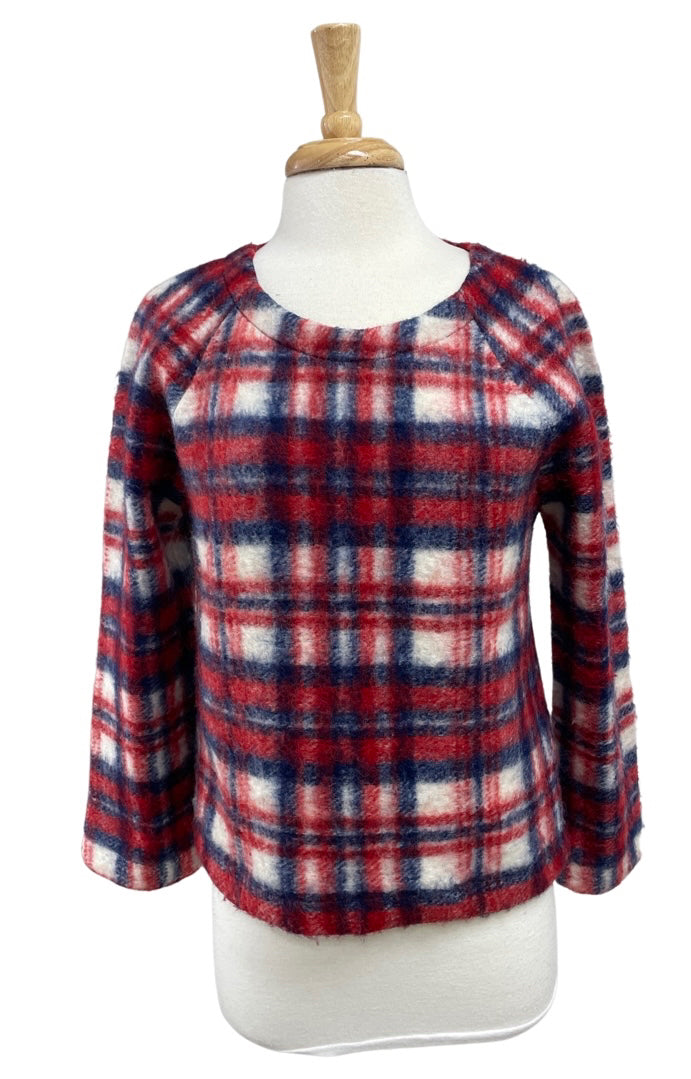 MADEWELL WOOL BRUSHED PLAID PULLOVER RED/WHITE/BLUE TOP SIZE S
