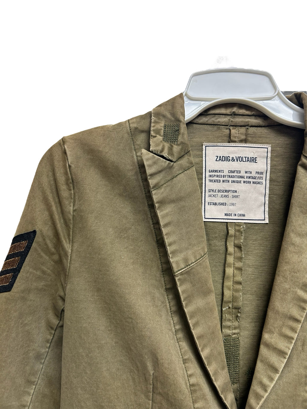 ZADIG & VOLTAIRE VIRGINIA GRUNGE FADED PATCH MILITARY JACKET SIZE XS