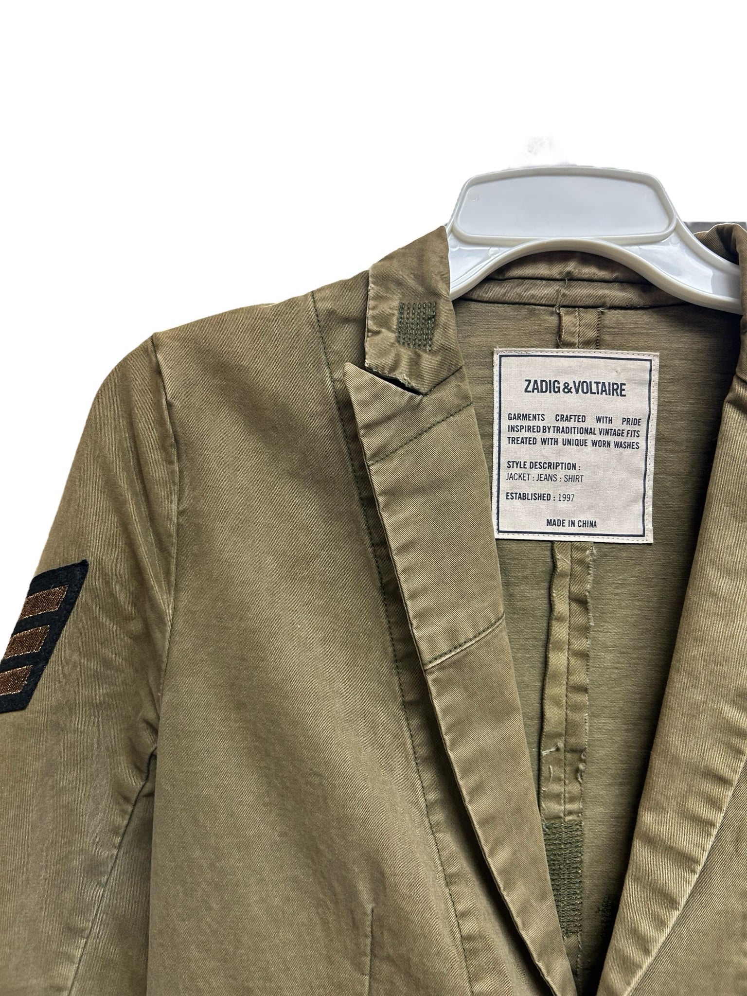 ZADIG & VOLTAIRE VIRGINIA GRUNGE FADED PATCH MILITARY JACKET SIZE XS