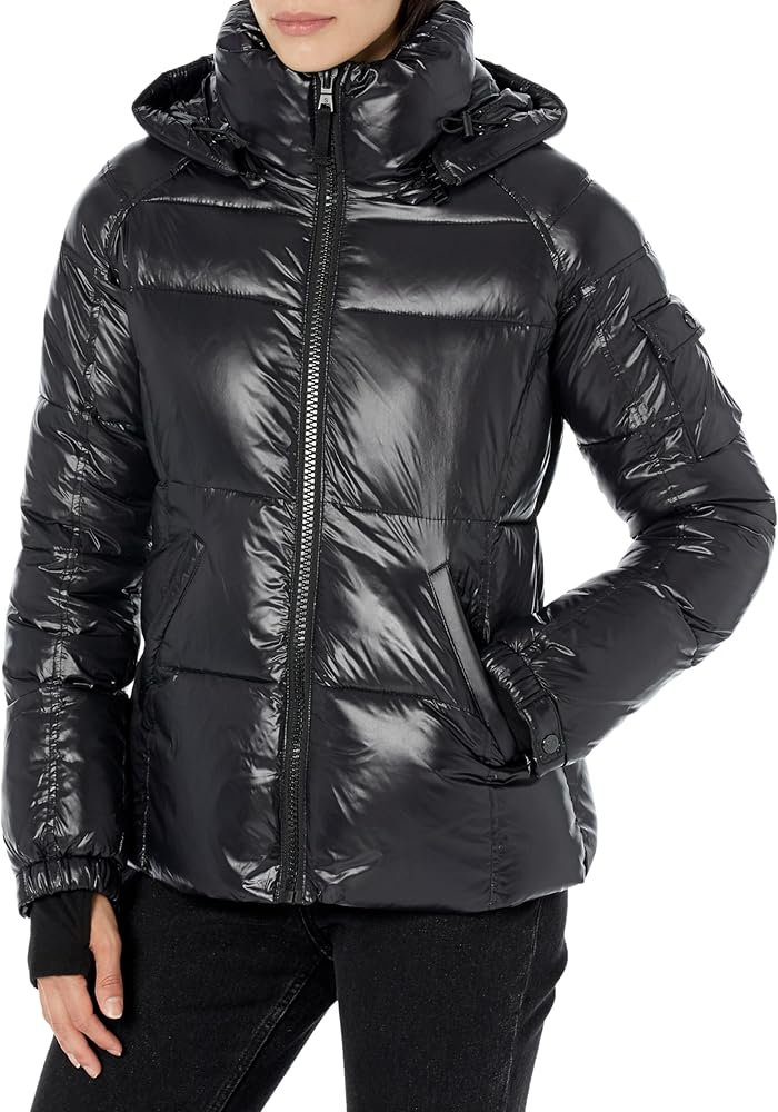 S13 KYLIE GLOSSY BLACK DOWN PUFFER HOODED COAT SIZE MEDIUM