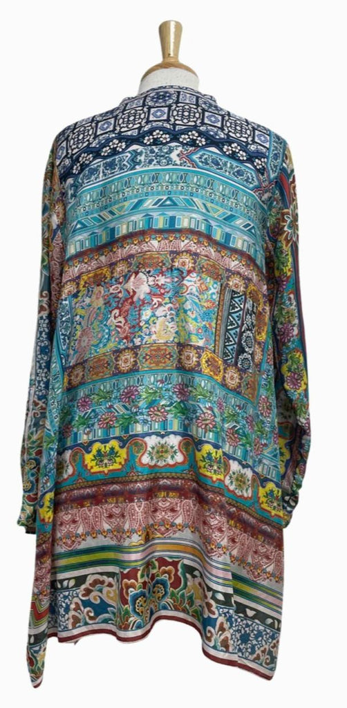 JOHNNY WAS 100% SILK MULTI PRINT MULTI-COLOR TUNIC TOP SIZE L