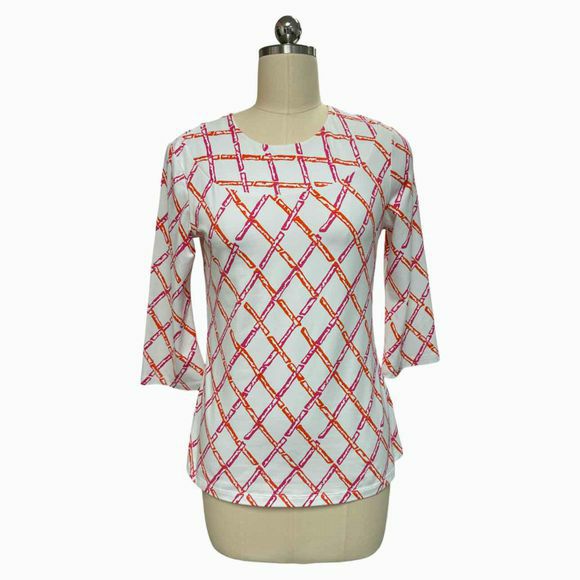 MCLAUGHLIN CATALINA CLOTH BAMBOO LATTICE PRINT 3/4 SLEEVE WHITE/PINK TOP SIZE XS