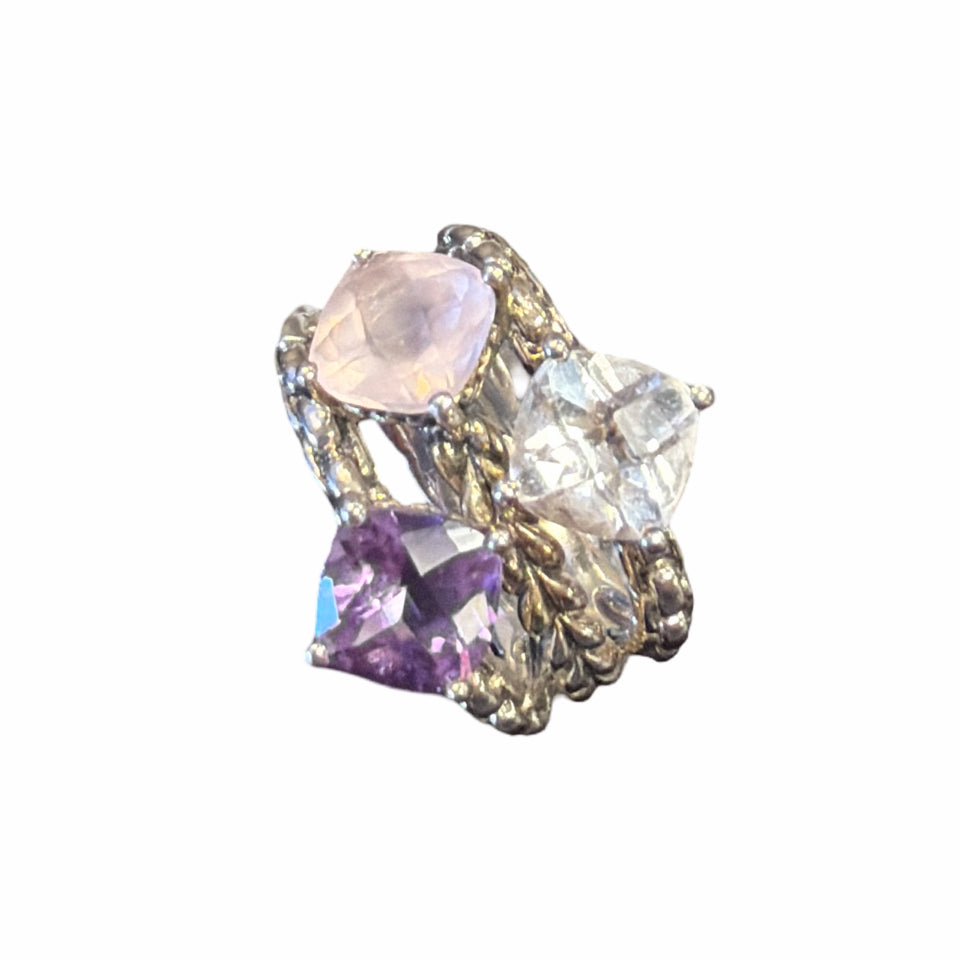 JAI JOHN HARDY STERLING SILVER STACKED GEMSTONE RING AMETHYST & TOPAZ SIZE 7