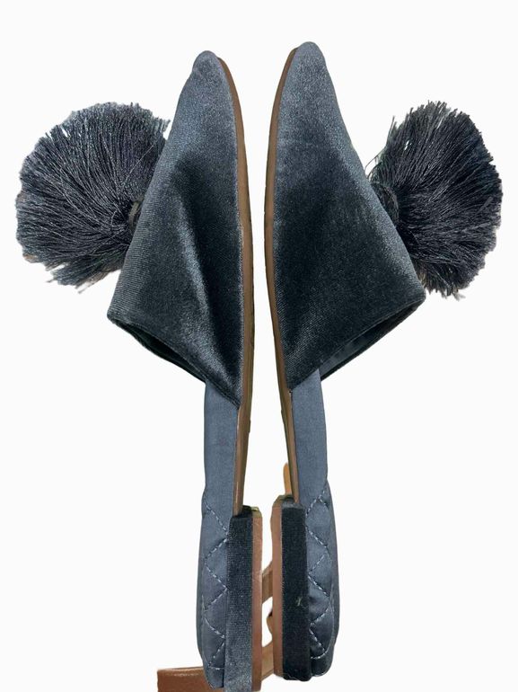 BIRDIES SONGBIRD VELVET POM POM MULES IN BLUE STEEL SIZE: 11