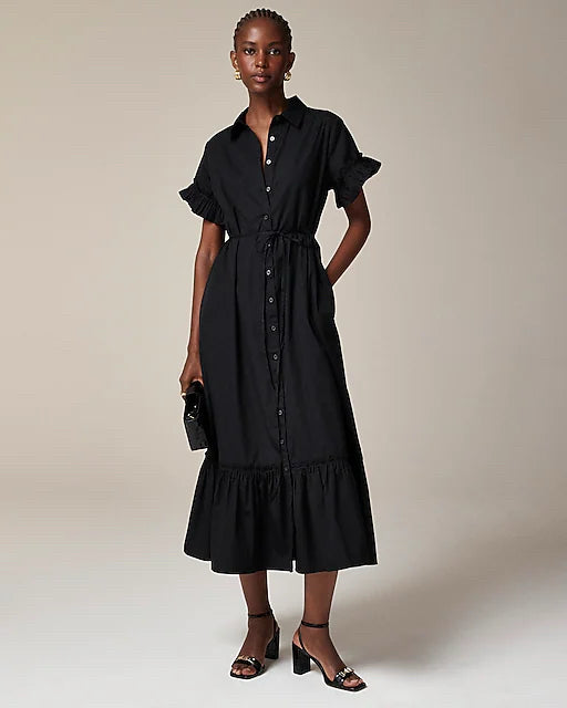 JCREW AMELIA BLACK COTTON POPLIN RUFFLE MAXI BUTTON FRONT MAXI DRESS SIZE XXL