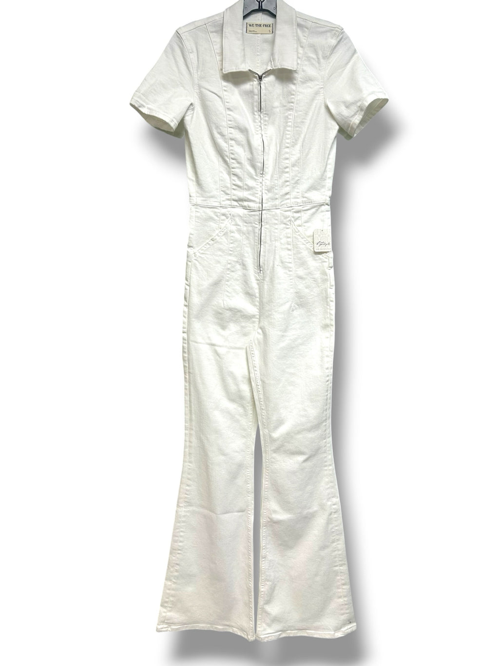 NWT WE THE FREE JAYDE FLAIR LEG ZIP UP DENIM JUMPSUIT WHITE SIZE SMALL