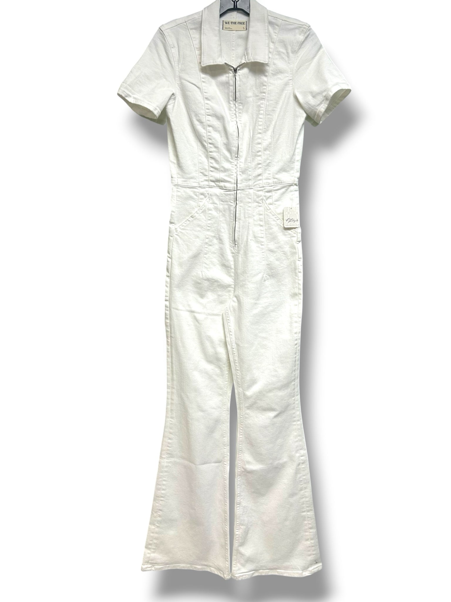 NWT WE THE FREE JAYDE FLAIR LEG ZIP UP DENIM JUMPSUIT WHITE SIZE SMALL