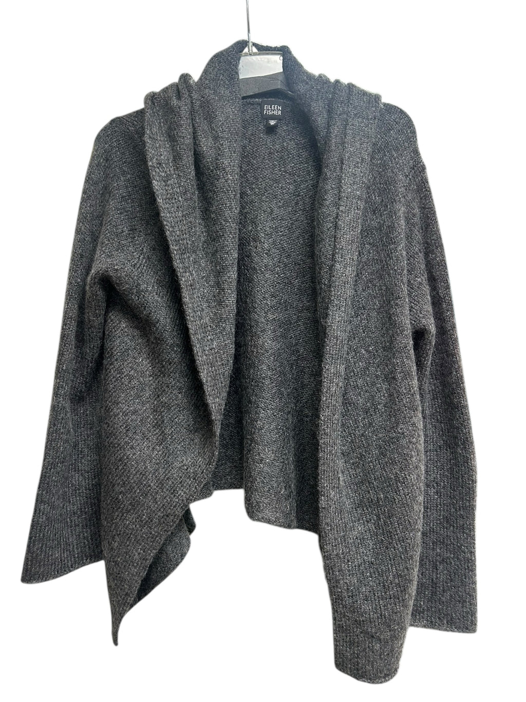 EILEEN FISHER GRAY KNIT WOOL/MOHAIR OPEN FRONT HOODED CARDIGAN SIZE XL