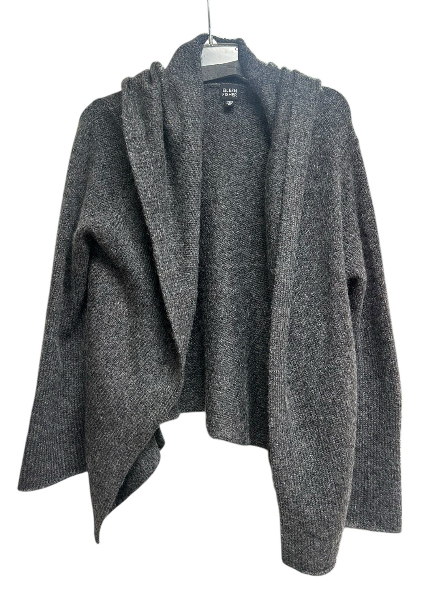 EILEEN FISHER GRAY KNIT WOOL/MOHAIR OPEN FRONT HOODED CARDIGAN SIZE XL