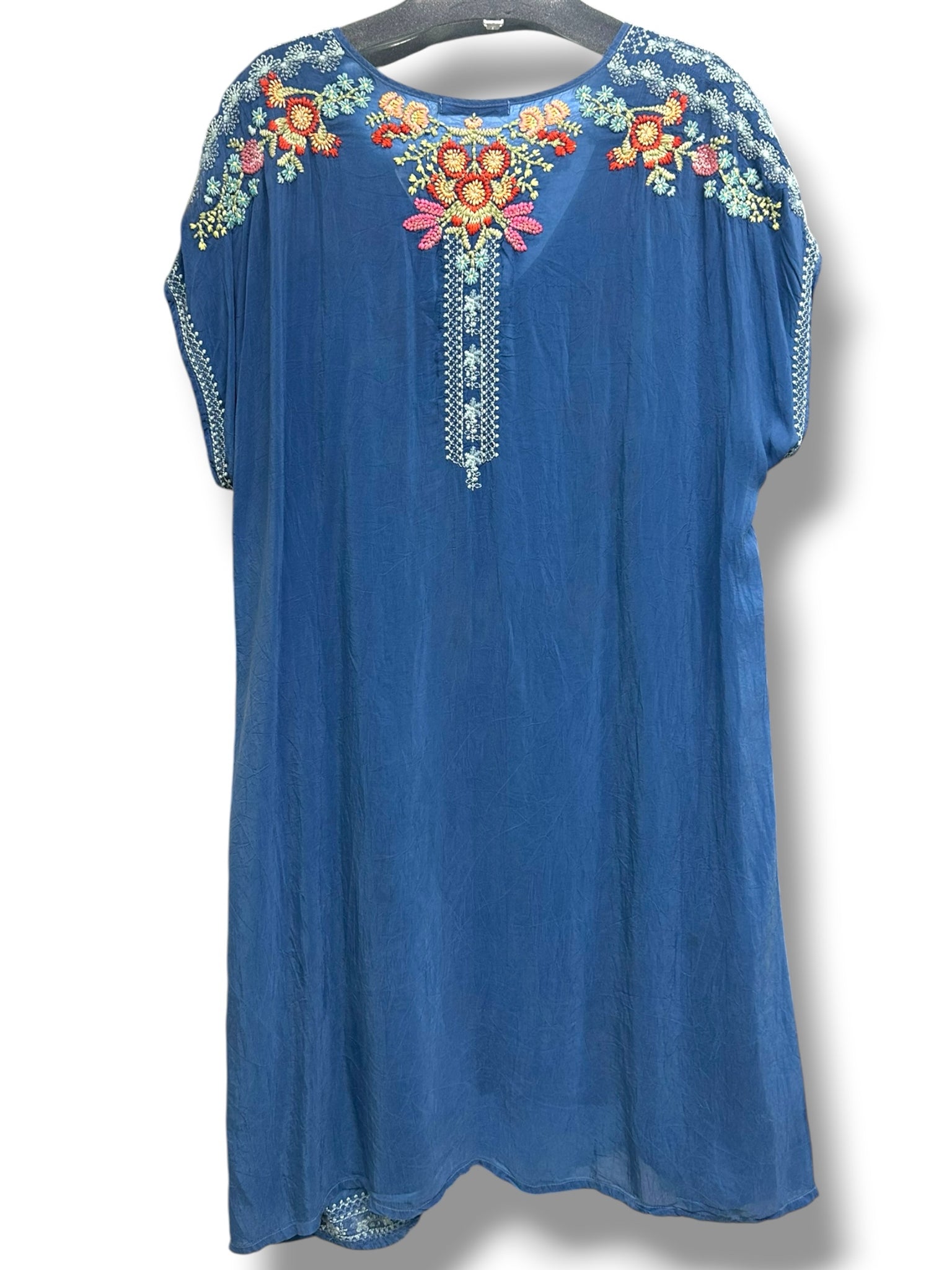 JOHNNY WAS HEIDI EMBROIDERED BLUE V NECK TUNIC DRESS SIZE LARGE