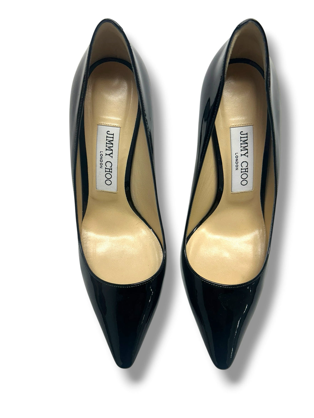 JIMMY CHOO ROMY100MM PATENT LEATHER STILETTO BLACK PUMPS SIZE 37.5