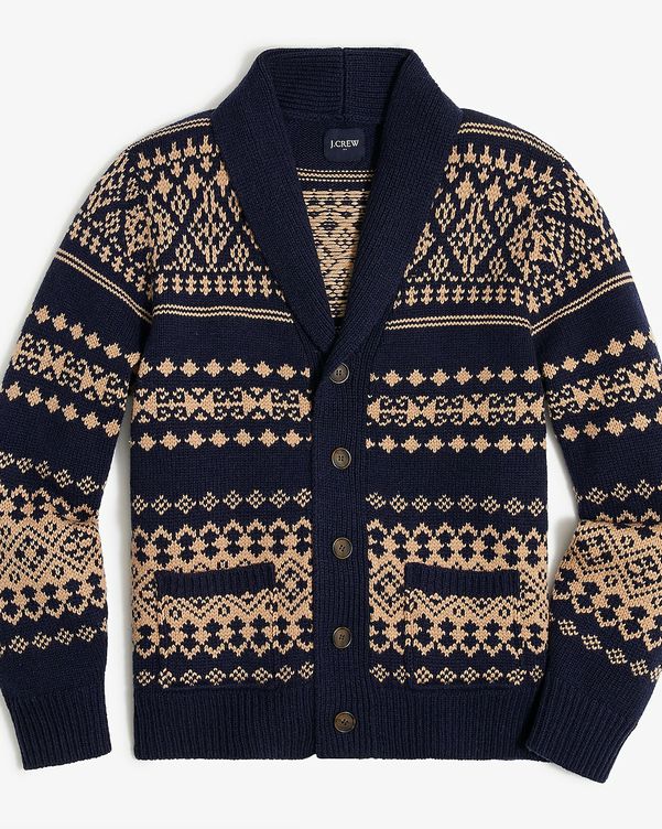 JCREW FAIR ISLE SHAWL CARDIGAN NAVY/BEIGE SWEATER SIZE S