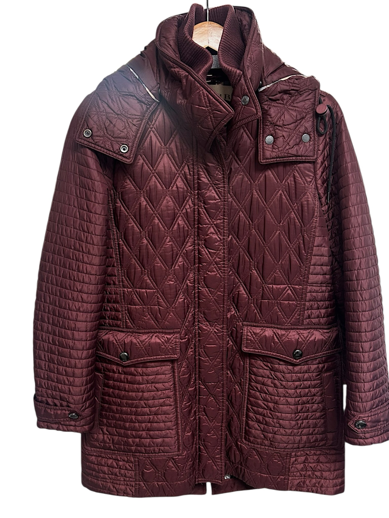 BURBERRY BRIT QUILTED BURGUNDY FINSBRIDGE BAUGHTON HOODED JACKET SIZE L
