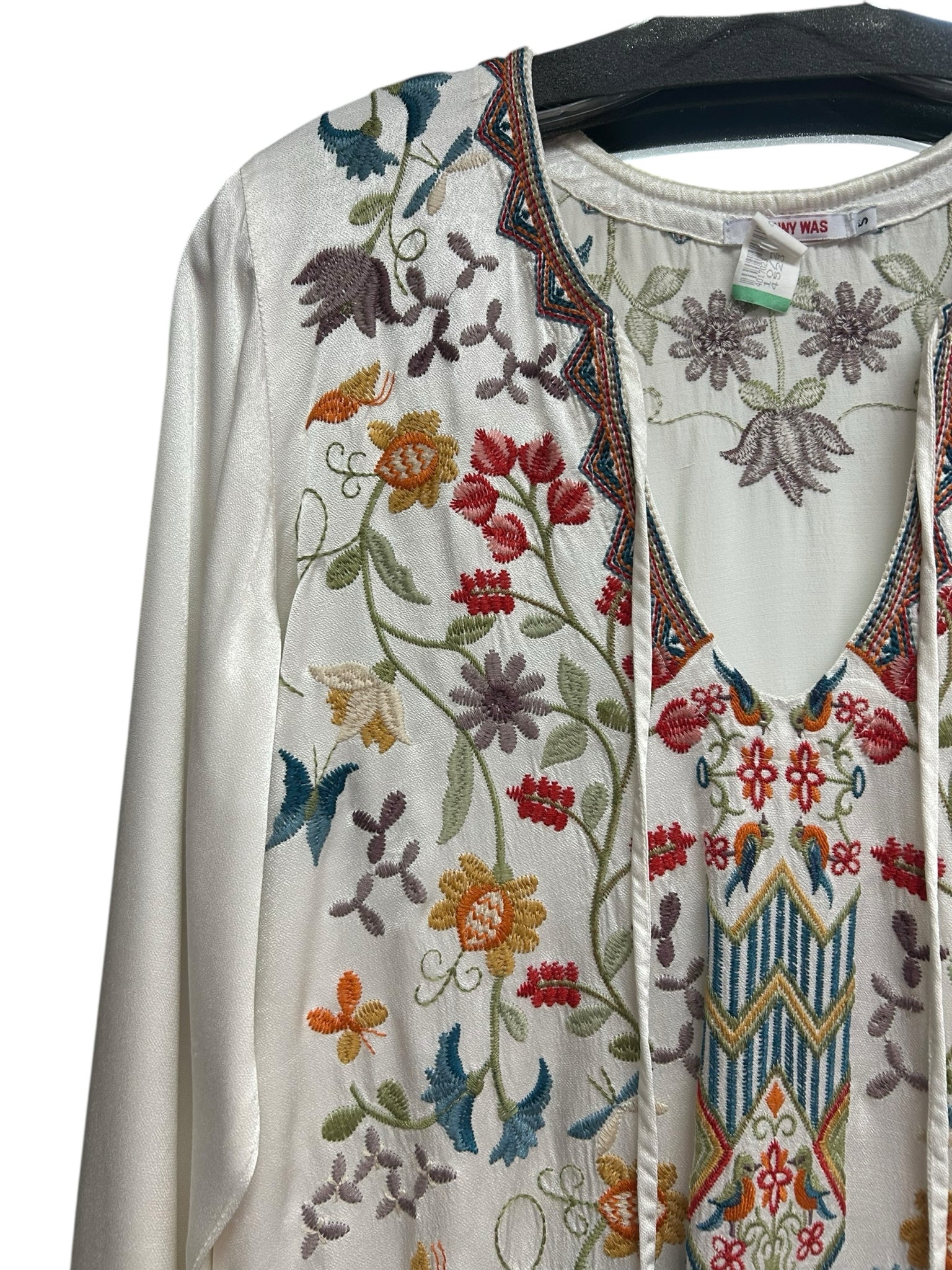 JOHNNY WAS WHITE BLOOM BOHO EMBROIDERED BLOUSE V NECK SIZE SMALL