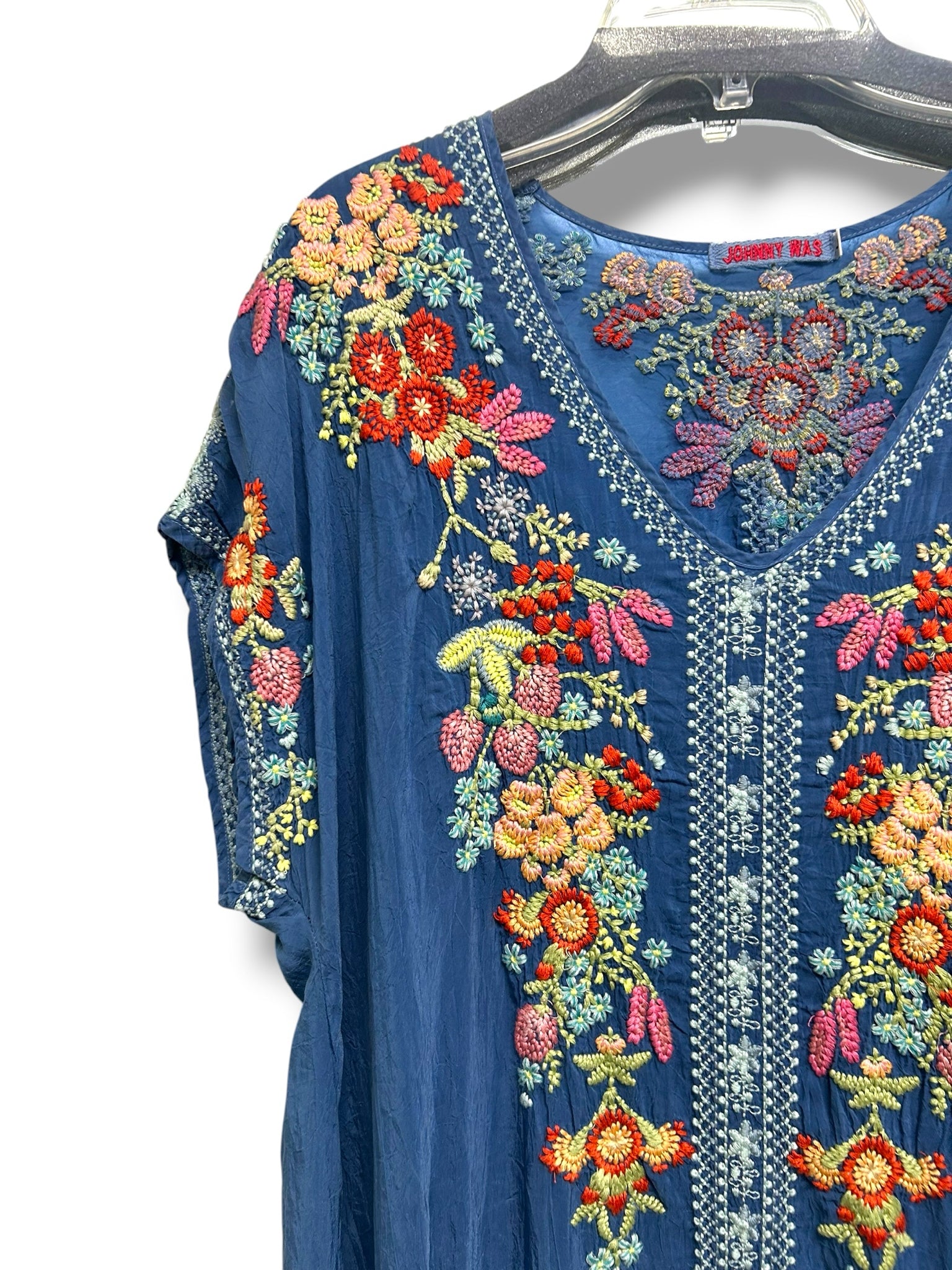JOHNNY WAS HEIDI EMBROIDERED BLUE V NECK TUNIC DRESS SIZE LARGE