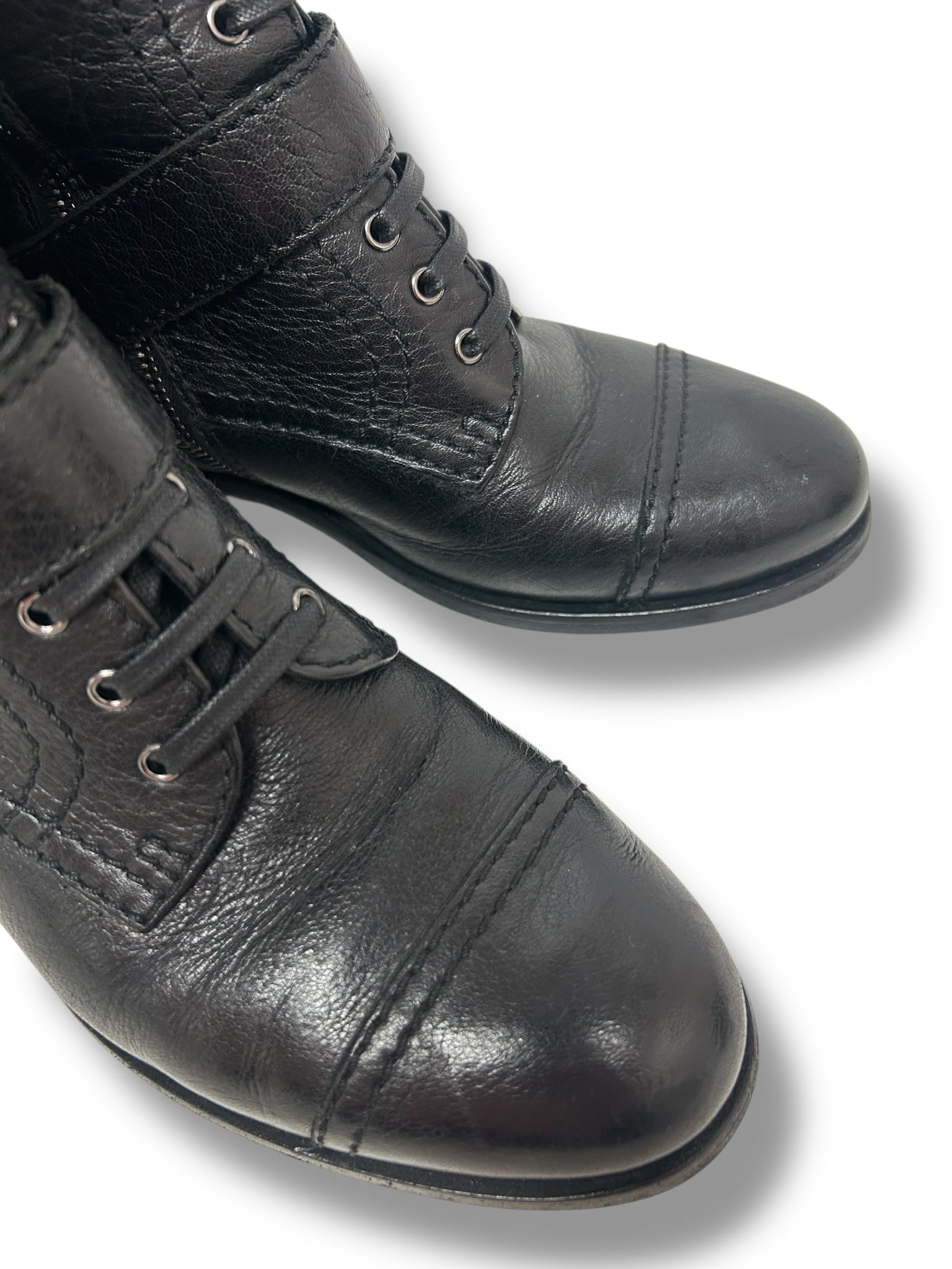 PRADA BLACK BUCKLE LEATHER COMBAT BOOT SIZE 38